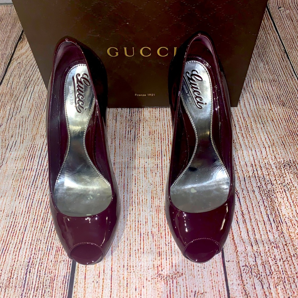 Gucci Peep Toe Patent Leather Pump